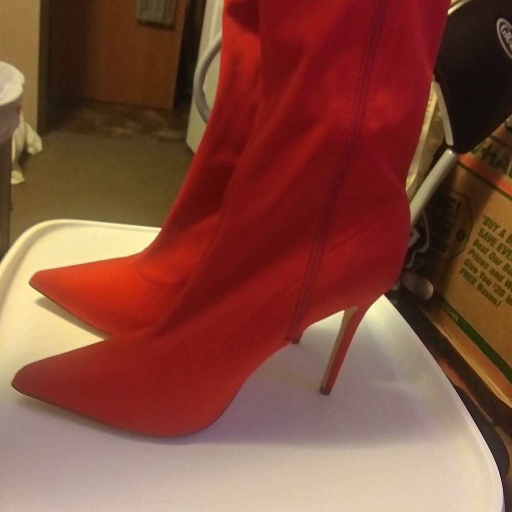 Red Lycra Maybell Heeled Zip Up Boots